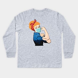 Pin Up Girl Blonde Hair Wearing Mask with Strong Tattoo Kids Long Sleeve T-Shirt